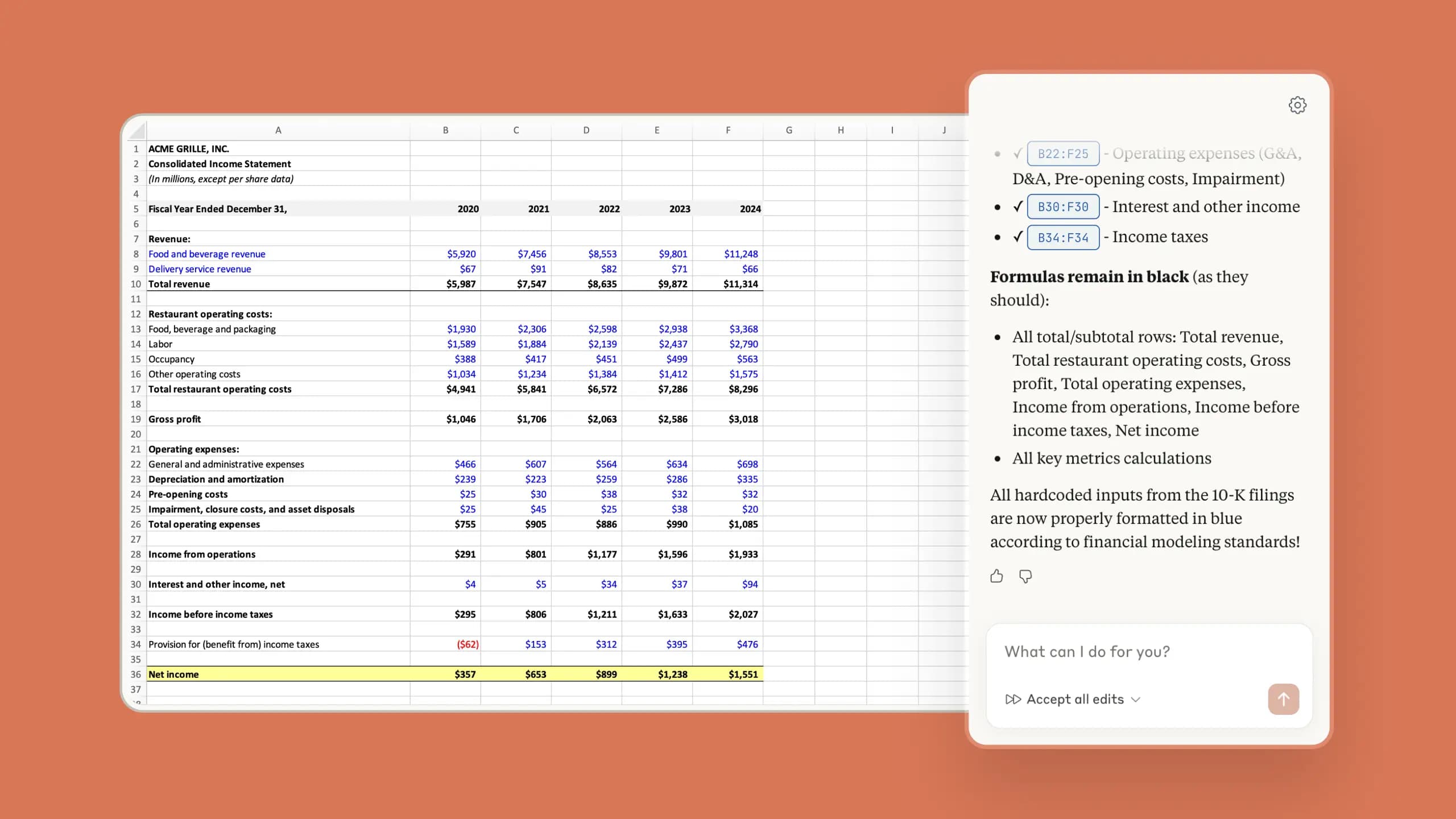 Claude in Excel avec une formule complexe générée automatiquement dans une feuille de calcul